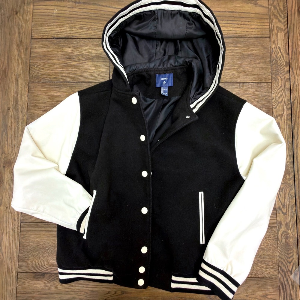Forever 21 Women Varsity Jacket Black Cream Hooded Letterman Faux Leather Large